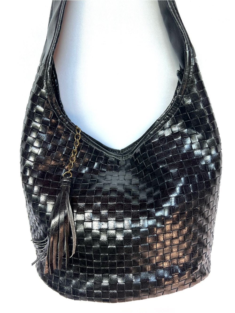 Braciano Woven Faux Leather Hobo Bag Black Tassel Shoulder Purse